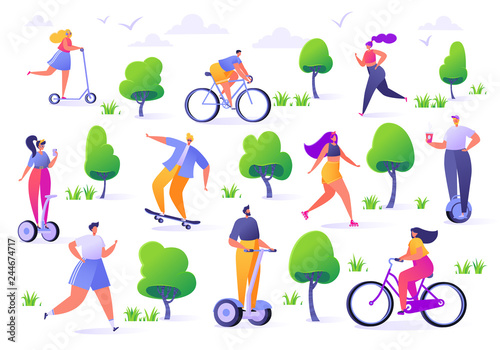 Active people in the park. Summer outdoor. Man and woman characters running, riding bicycle, skateboarding, roller skates, fitness. Flat design characters with hover boards.