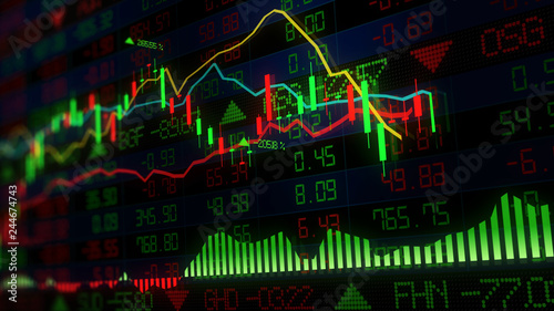 3D rendering of stock indexes in virtual space. Economic growth, recession