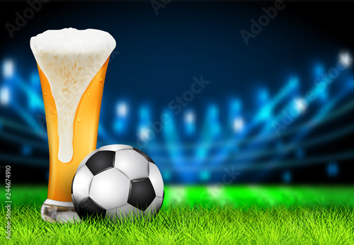 Football arena field with bright stadium lights design. Realistic 3D Soccer ball and Glass of beer on the green grass stadium at night. Soccer sport vector background concept.
