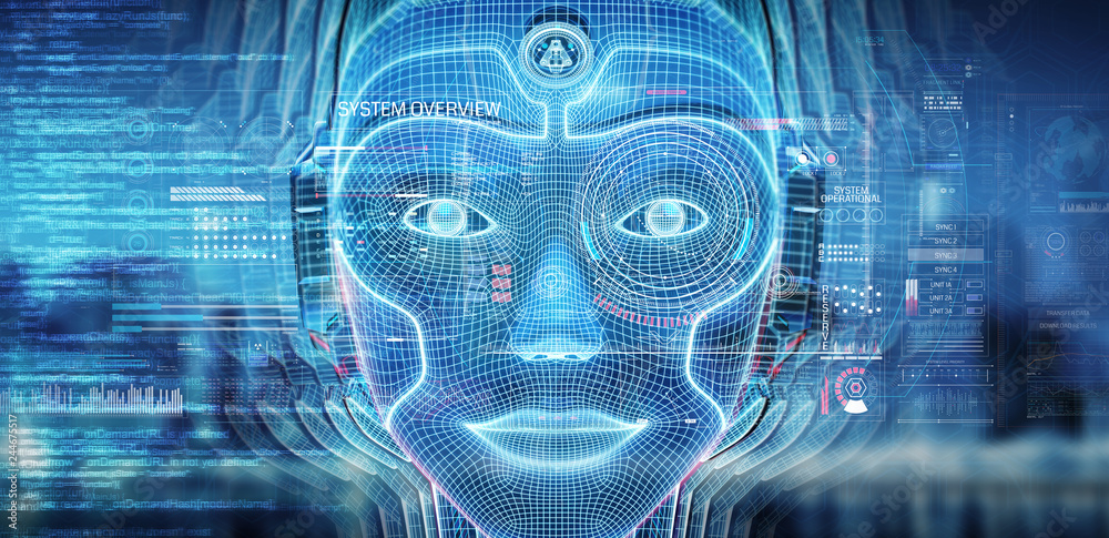 Obraz premium Robotic woman cyborg face representing artificial intelligence 3D rendering