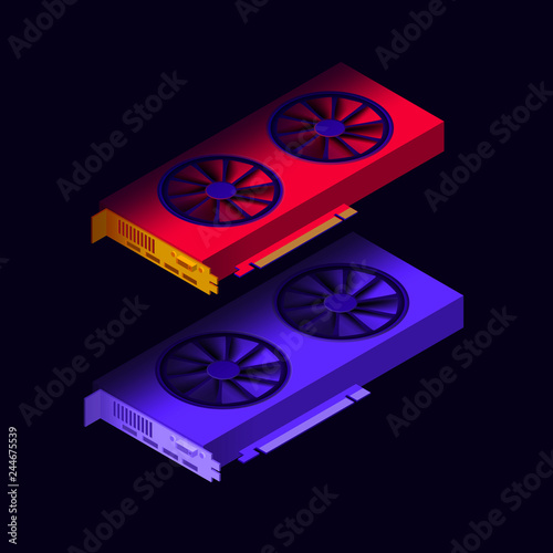 Vector illustration isometric GPU for mining cryptocurrency, bitcoin, litecoin, video card on dark background