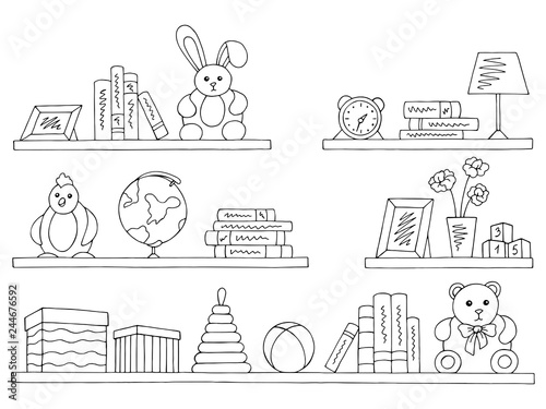 Shelves set graphic black white isolated children room toy book sketch illustration vector