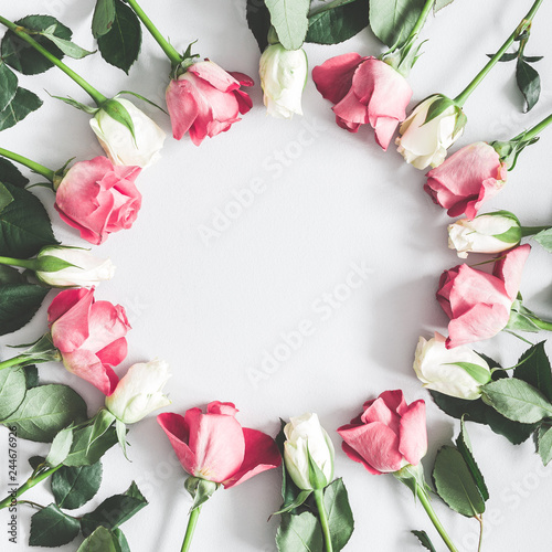 Flowers composition. Pink and white rose flowers on pastel gray background. Flat lay, top view, copy space, square