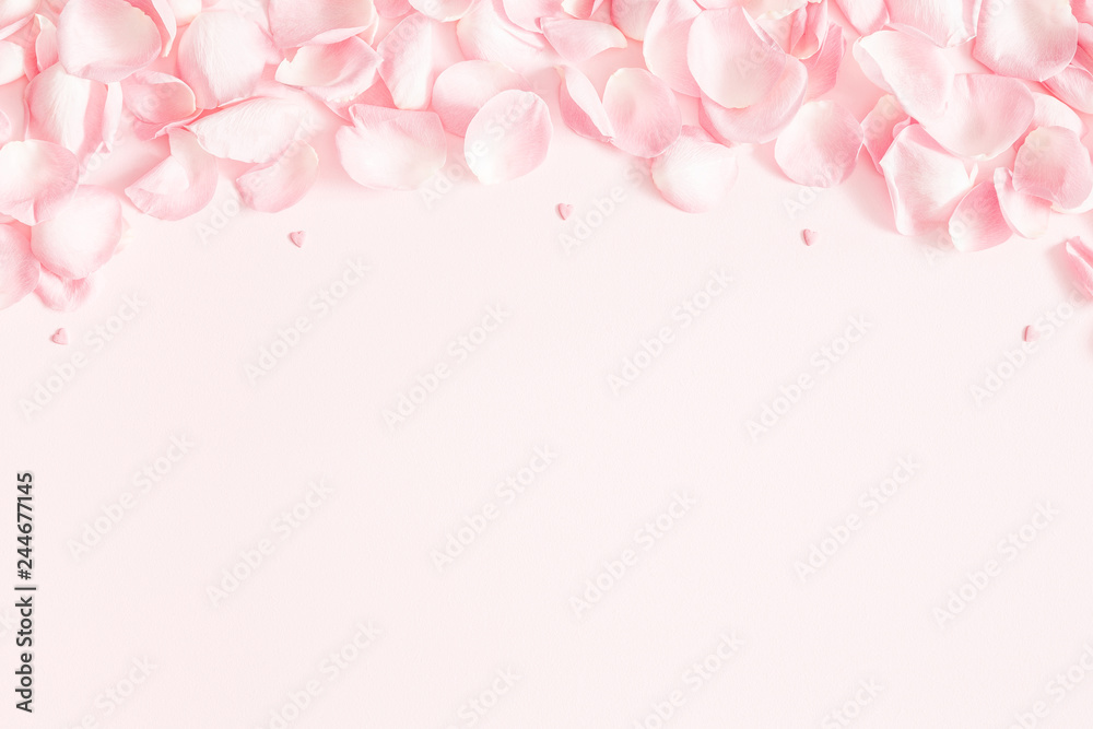 Flowers composition. Rose flower petals on pastel pink background. Valentine's Day, Mother's Day concept. Flat lay, top view, copy space