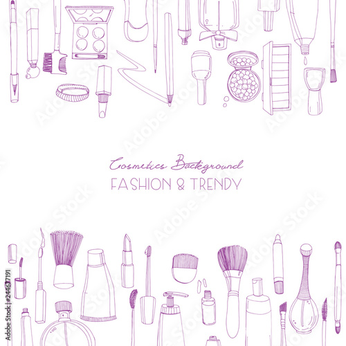 Square backdrop decorated with makeup tools and cosmetics hand drawn with contour lines on white background. Monochrome realistic vector illustration for beauty salon or studio advertisement.