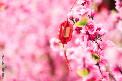 beautiful lifelike ornamental fake peach flowers and traditional red Chinese lantern shape ornament  (Chinese New Year or Spring Festival concept). ( Chinese meaning: 