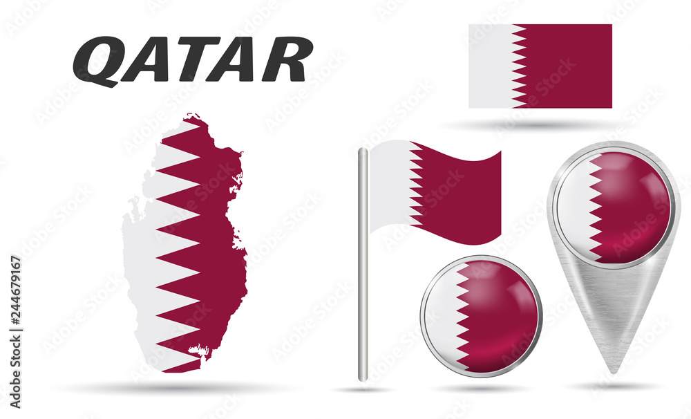 QATAR. Set flag, map pointer, button, waving flag, symbol, flat icon and map in the colors of the national flag. Vector illustration of collection of national symbols on various objects. Vector EPS 10 QATAR. Set flag, map pointer, button, waving flag, symbol, flat icon and map in the colors of the national flag. Vector illustration of collection of national symbols on various objects. Vector EPS 10