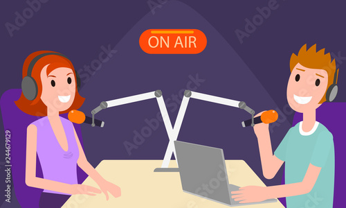 Discussion in radio studio on air concept banner. Flat illustration of discussion in radio studio on air vector concept banner for web design