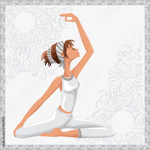 Vector illustration of a young woman practising yoga in pigeon pose on white and light grey background