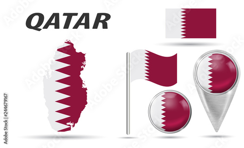 QATAR. Set flag, map pointer, button, waving flag, symbol, flat icon and map in the colors of the national flag. Vector illustration of collection of national symbols on various objects. Vector EPS 10