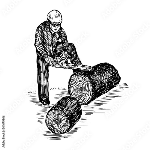 A man in a helmet, glasses and headphones saws with chainsaw a tree trunk, hand drawn doodle, sketch, black and white vector illustration