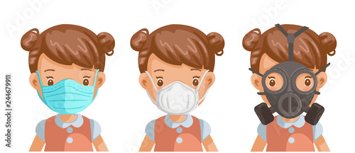 protective mask girl wearing medical mask. Different mask types. Female head face. Isolated on a white background vector illustration