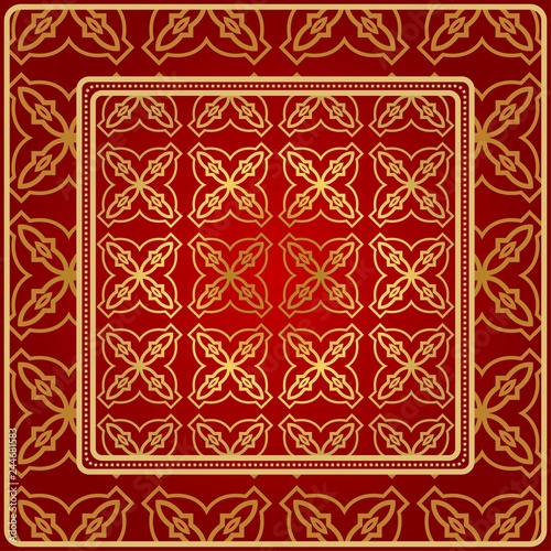 Background, Geometric Pattern With Ornate Lace Frame. Illustration. For Scarf Print, Fabric, Covers, Scrapbooking, Bandana, Pareo, Shawl. Red golden color