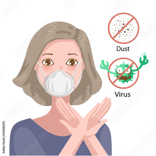 protective woman gag with worry gesture. Healthy of female wear protective mask against infectious diseases and flu. Stop the infection. Health care concept. Vector illustration isolated on white.