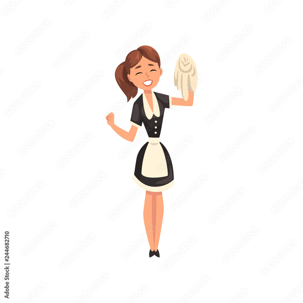 Smiling maid with rug, housemaid character wearing classic uniform with black dress and white apron, cleaning service vector Illustration