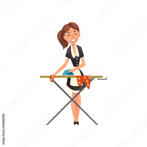 Smiling maid housemaid ironing clothes on an ironing board, housemaid character wearing classic uniform with black dress and white apron, cleaning service vector Illustration