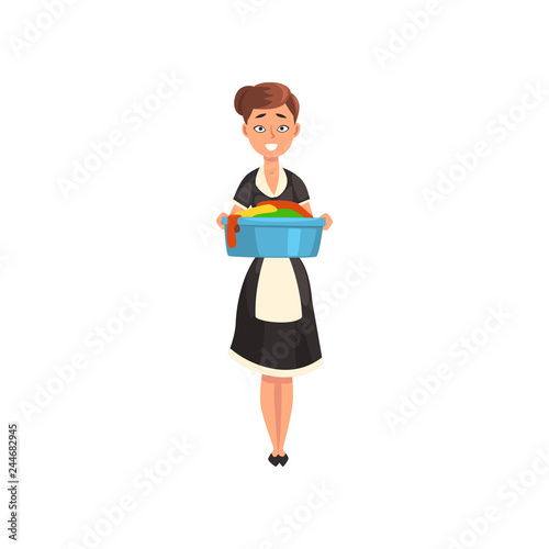Maid holding a basin with wet clean linen, housemaid character wearing classic uniform with black dress and white apron, cleaning service vector Illustration