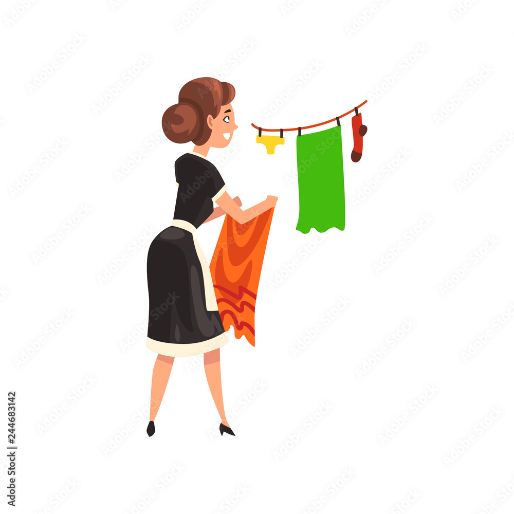 Maid hanging clean wet clothes out to dry, housemaid character wearing classic uniform with black dress and white apron, back view, cleaning service vector Illustration Maid hanging clean wet clothes out to dry, housemaid character wearing classic uniform with black dress and white apron, back view, cleaning service vector Illustration