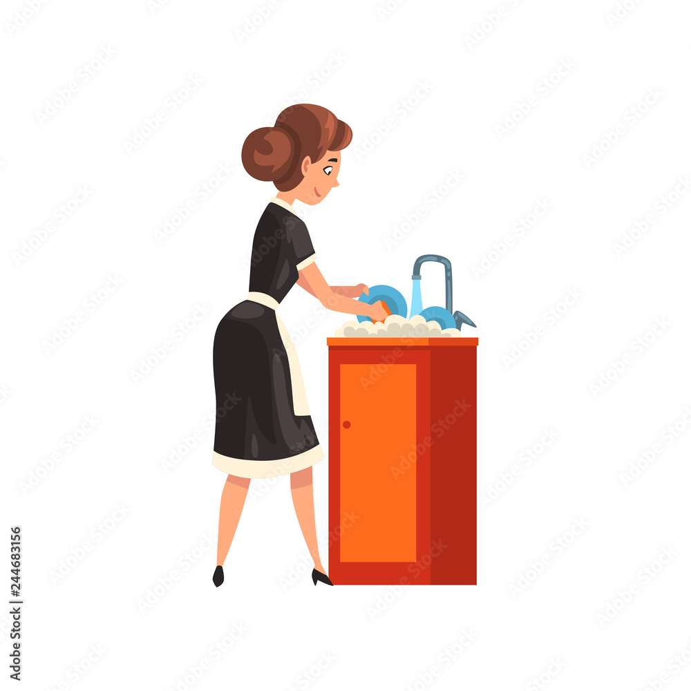 Smiling maid washing dishes in the kitchen, housemaid character wearing classic uniform with black dress and white apron, cleaning service vector Illustration Smiling maid washing dishes in the kitchen, housemaid character wearing classic uniform with black dress and white apron, cleaning service vector Illustration