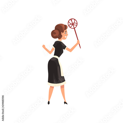 Maid with duster, housemaid character wearing classic uniform with black dress and white apron, back view, cleaning service vector Illustration
