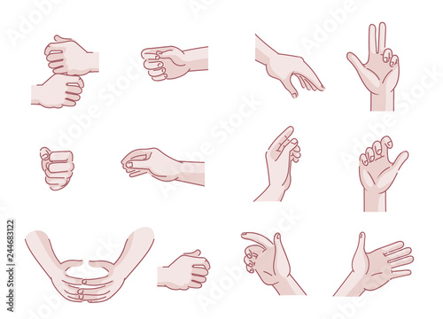 male hand Set of hands Men's in different gestures emotions 
palm,hand back, side view. vector illustration isolated on a white background. Simple hand-drawn style.