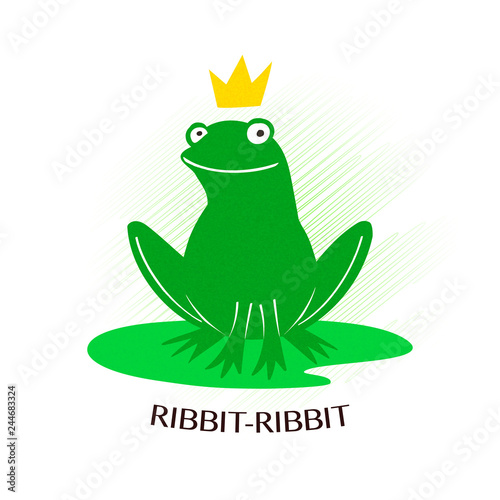 Cute green frog with crown isolated on white background