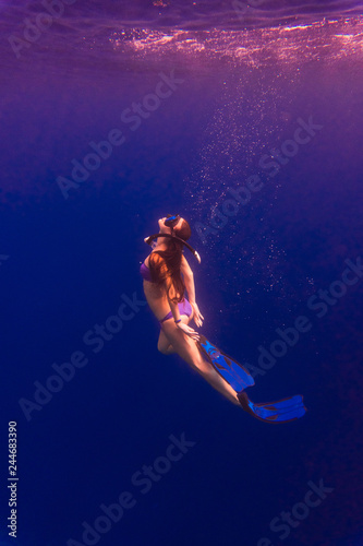 Wallpaper Mural Active young female dancing underwater, enjoying summer vacation in blue transparent water, dive to the bottom of sea. Enjoyment and freedom concept Torontodigital.ca
