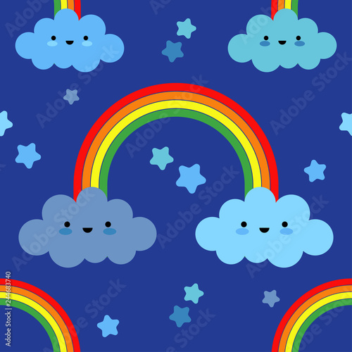Seamless background with funny clouds. Kawaii. Cute cartoon. Vector illustration. Can be used for wallpaper  textile  invitation card  wrapping  web page background.