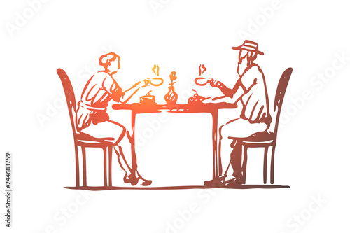 Old, couple, coffee, senior, cafe concept. Hand drawn isolated vector.