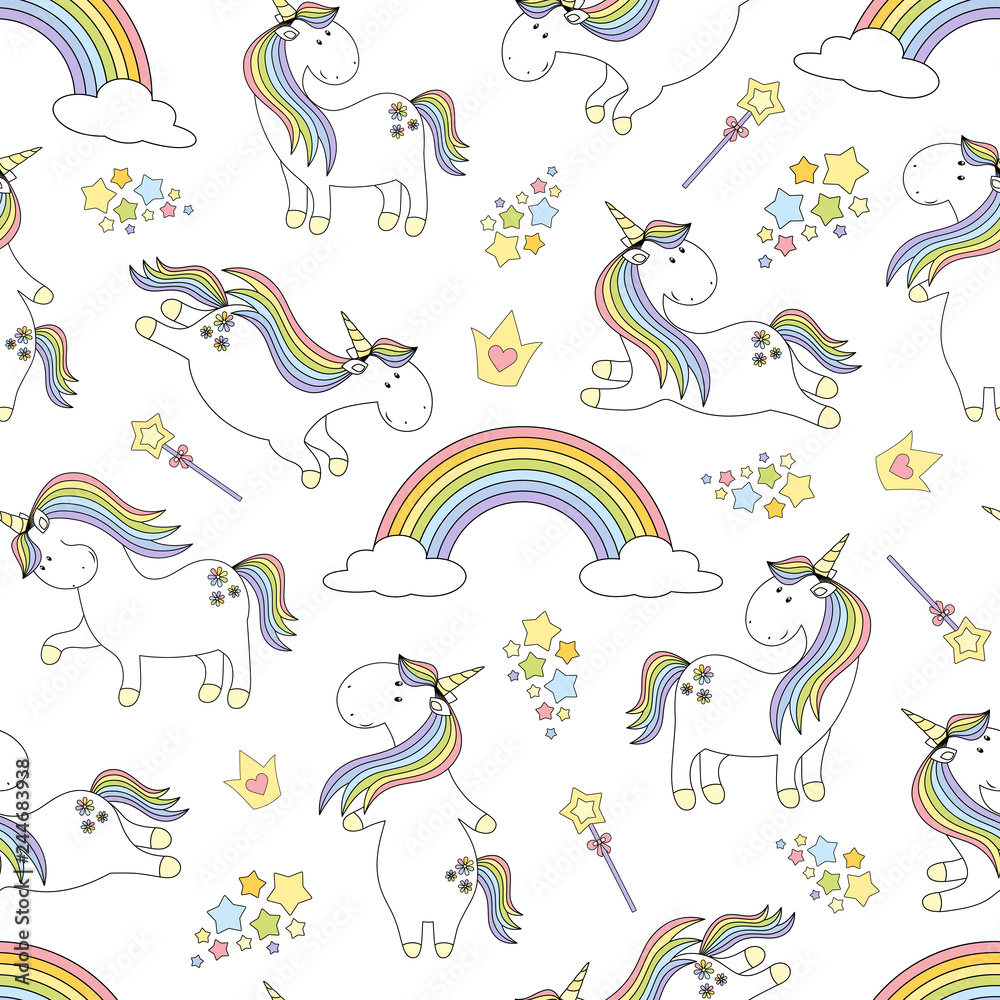 Magic cute unicorn Seamless Vector Pattern. Vector background