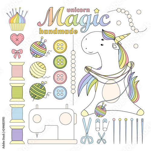 Set magic cute unicorn. Set of handmade elements. Fashion stickers collection. Vector illustration.