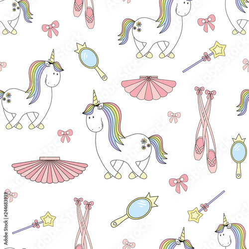 Magic cute ballerina unicorn Seamless Vector Pattern. Vector background