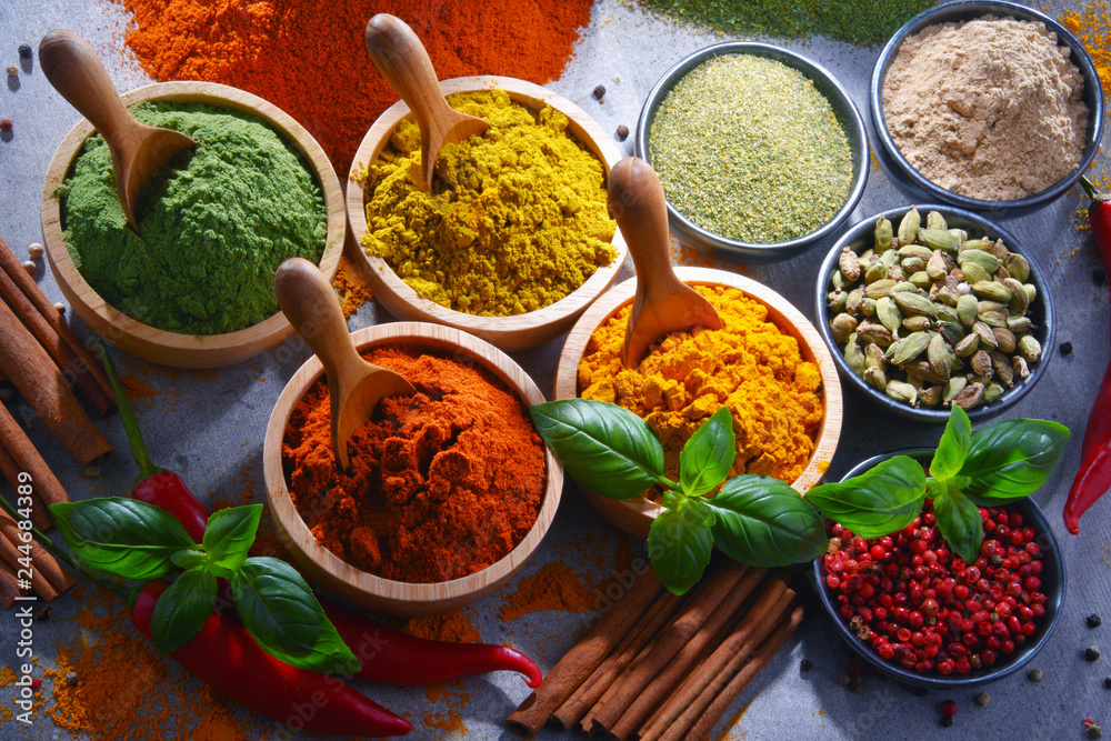 Variety of spices on kitchen table