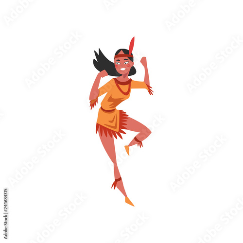 Beautiful native American Indian girl dancing, young woman in traditional ethnic clothes and headband with feather vector Illustration