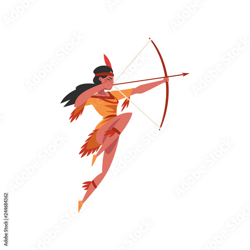 Native American Indian girl shooting a bow, young woman in traditional ethnic clothes and headband with feather vector Illustration