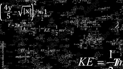 White formulas fly in black space.The explosion of knowledge. Formulas fly around the screen.