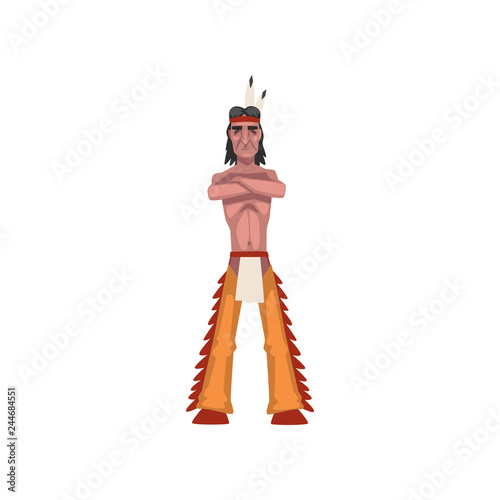 Native American Indian man standing with folded hands, tribe member in traditional ethnic clothes and headband with feather vector Illustration