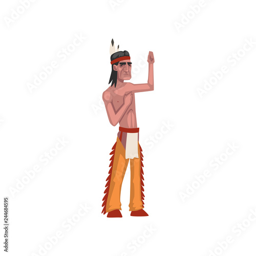 Native American Indian man showing hand sign, tribe member in traditional ethnic clothes and headband with feather vector Illustration