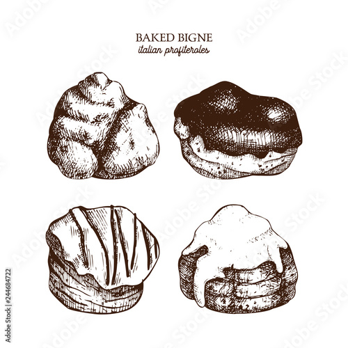 Breakfast Pastries and Brownies collecion. Hand drawn baked products on white background. Vintage food sketches for cafe or bakery menu design.