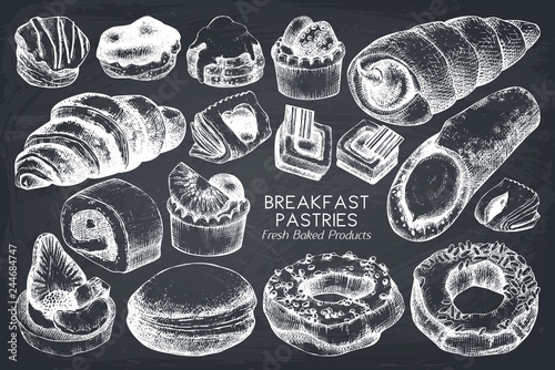 Breakfast Pastries and Brownies collecion. Hand drawn baked products on white background. Vintage food sketches for cafe or bakery menu design.