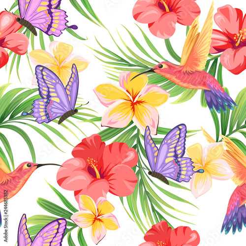 seamless pattern with butterflies, hummingbirds and tropical plants