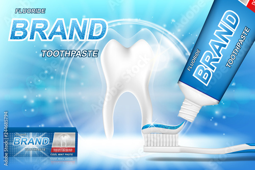 Whitening toothpaste ads. Tooth model and dental care product package design for toothpaste poster or advertising. 3d Vector illustration.