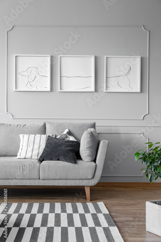 Fotografie, Obraz Real photo of a grey living room interior with triptych on a wall, couch and str