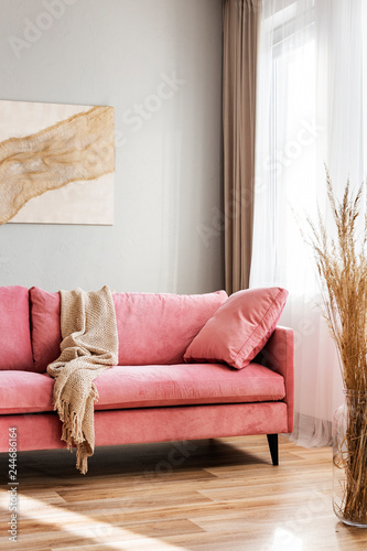 Beige blanket on pink couch in bright living room interior