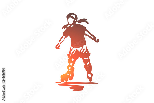 Girl, rollerblading, skate, child, active concept. Hand drawn isolated vector.