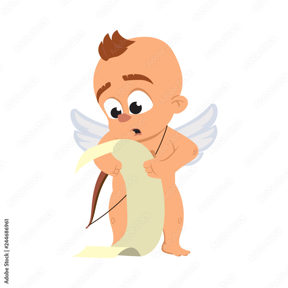 Obraz premium Cupid angel love character vector illustration for Valentine day or wedding dating surprised naked Amur Eros greek mythology god or cherub baby with bow and checklist emoji on white background