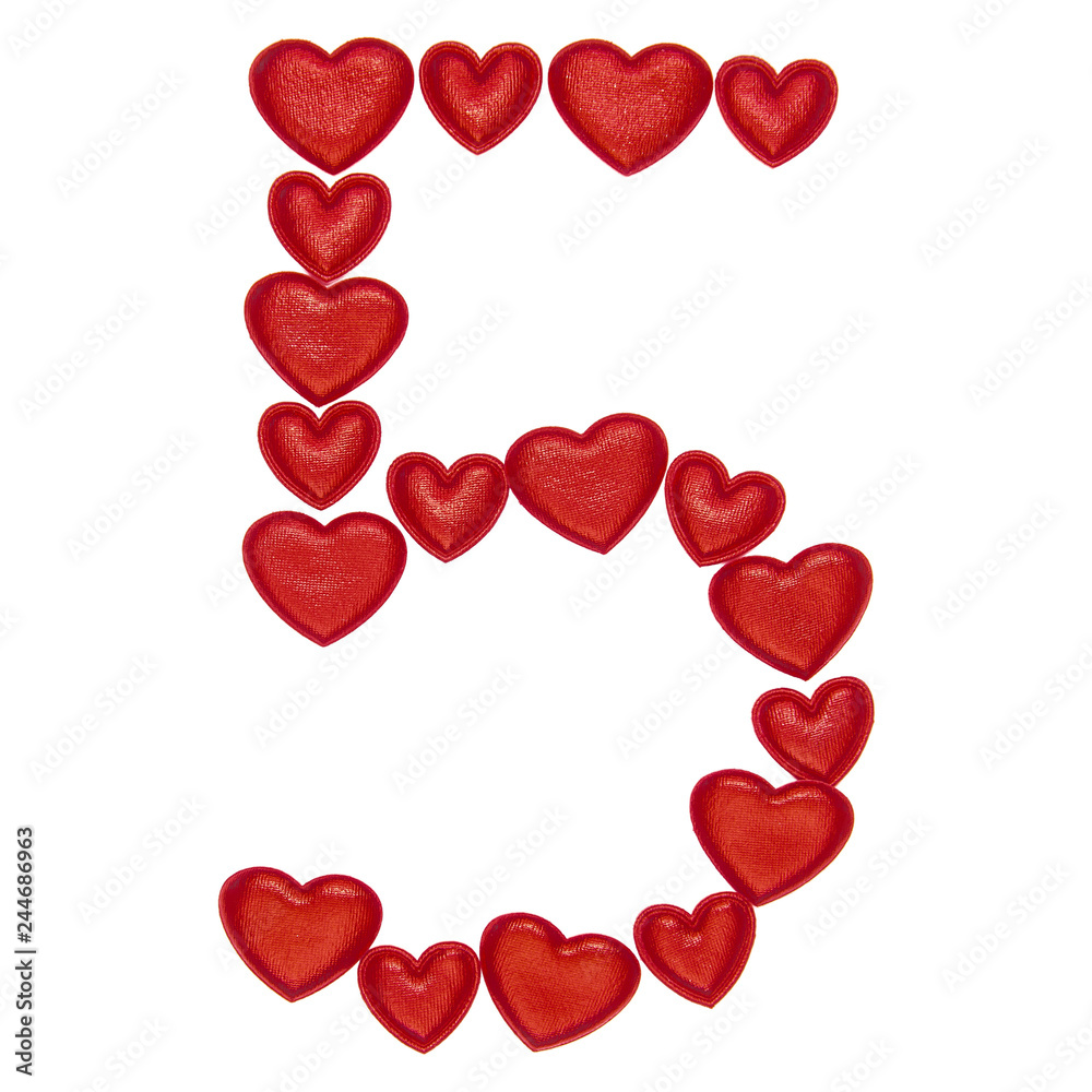 Number 5 made from decorative red hearts. Isolated on white background. Concepts: ABC, alphabet, logo, digit, symbols, love, valentines day