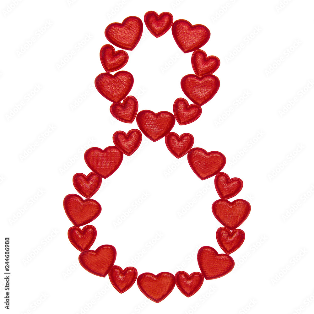 Number 8 collected from decorative red hearts. Isolated on white background. Concepts: digit, symbol, design, title, text, love, figure