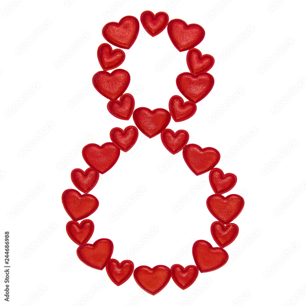 Fototapeta premium Number 8 collected from decorative red hearts. Isolated on white background. Concepts: digit, symbol, design, title, text, love, figure