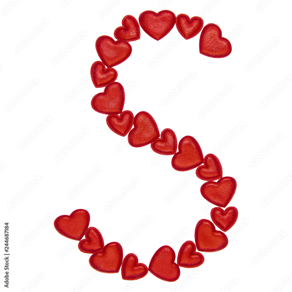 Letter S made from decorative red hearts. Isolated on white background. Concepts: ABC, alphabet, logo, words, symbols, love, valentines day